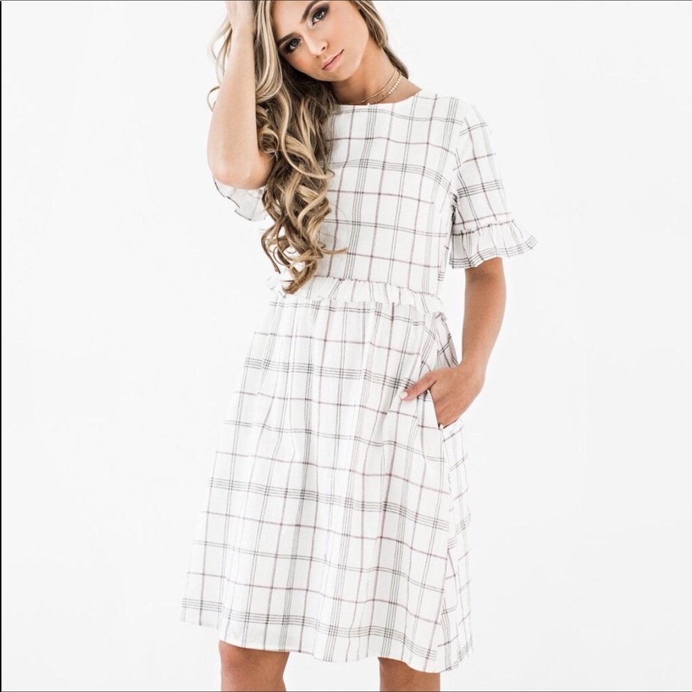 Plaid ruffle trim midi dress size small